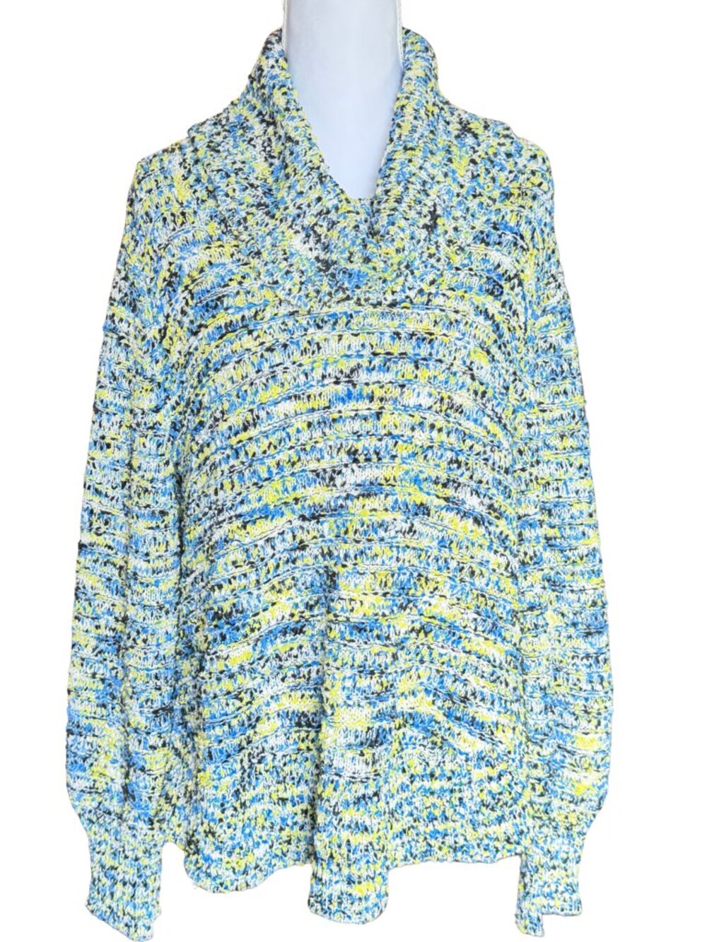Women's 1X Cowl Neck Knit Sweater Blue Yellow Skye's The Limit Pullover